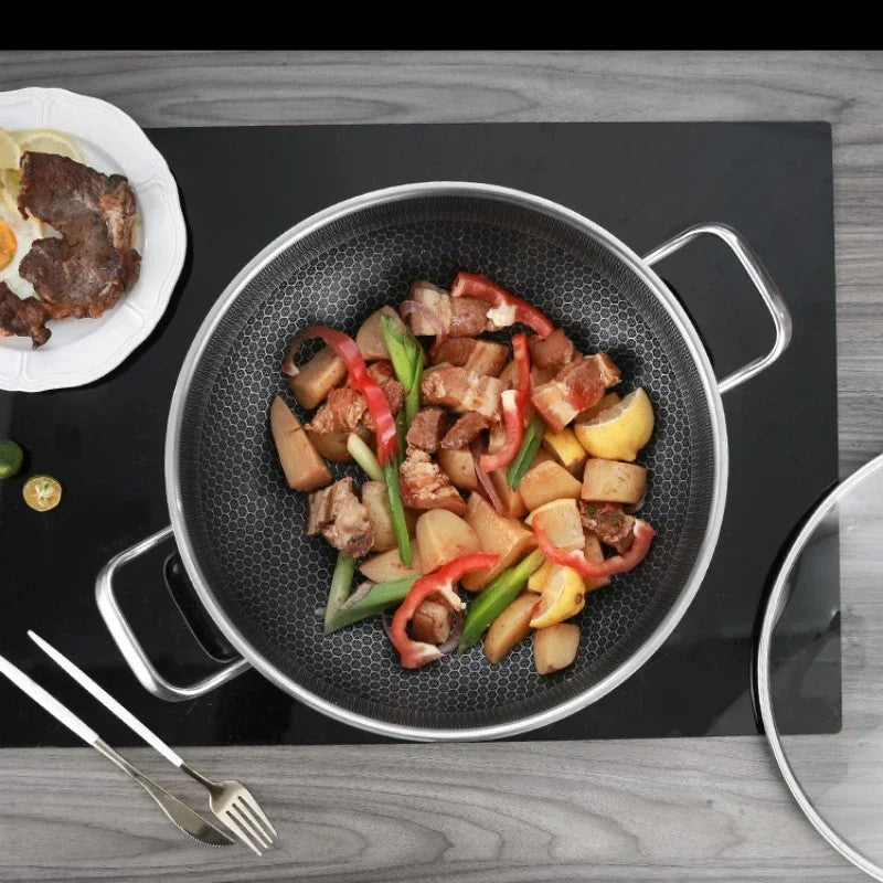 32cm Panela de Fritura em Aço Inoxidável 304, Antiaderente de Grau Alimentício, Fundo de Panela Tipo Colmeia, Panela Wok de Uso Geral para Fogão a Gás e de Indução