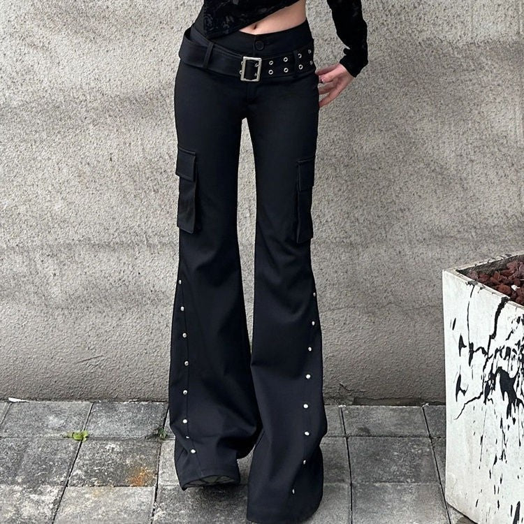 Retro new pure black rivet design belt decorative slim pants for women y2k Harajuku Goth low-waisted flared pants