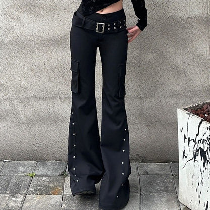 Retro new pure black rivet design belt decorative slim pants for women y2k Harajuku Goth low-waisted flared pants