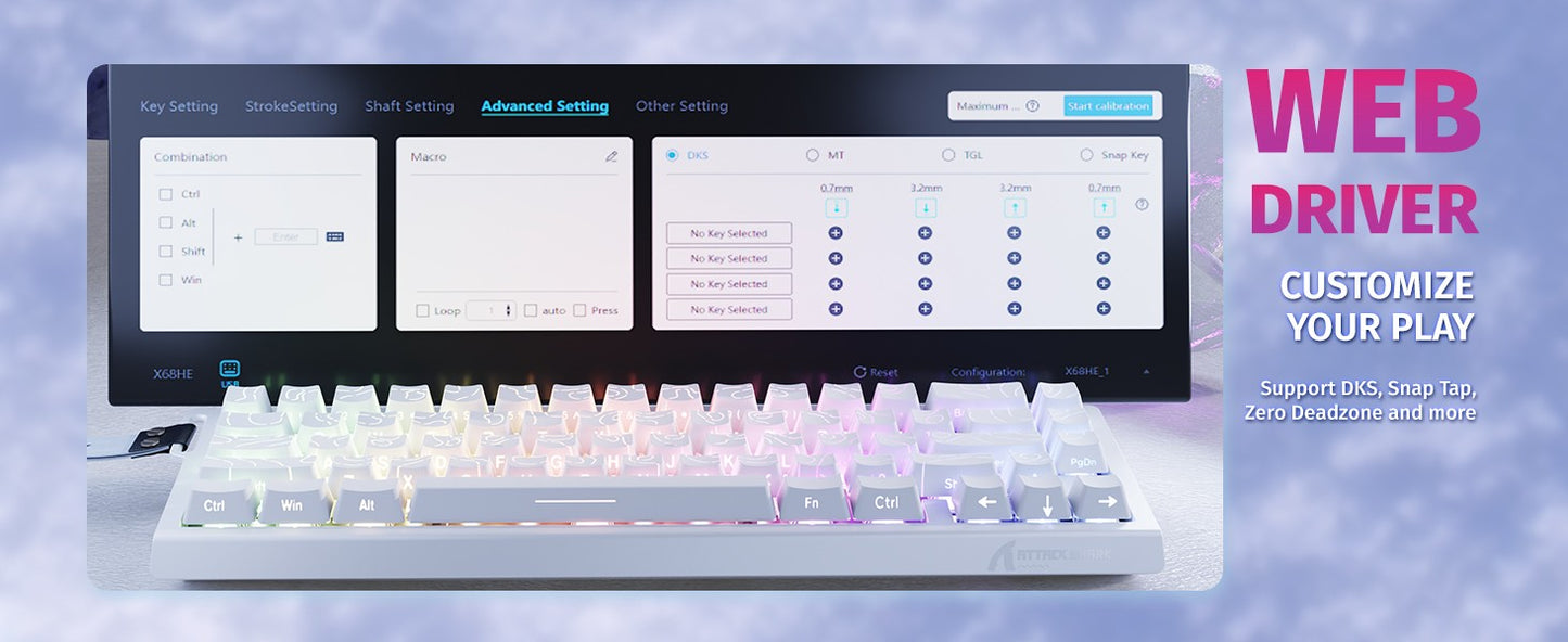 Teclado Mecânico para Jogos ATTACK SHARK X68 HE Rapid Trigger 60% com Fio, Atuação Ajustável, Switch Magnético Hall Effect, 8KRO
