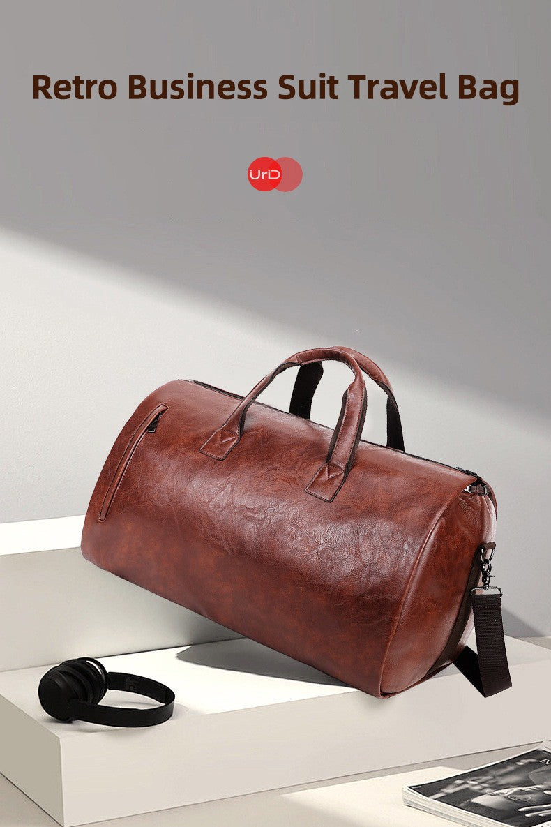 Vintage Suit Travel Bag with Large Capacity Waterproof PU Fabric Independent Shoe Case for Business Trip Suit Protection Bag