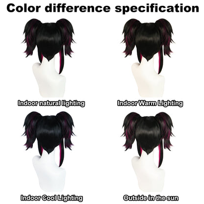 Synthetic Black With Red Double Clip On Ponytails Straight Heat Resistant Han Juri Cosplay Game Anime Character Wig