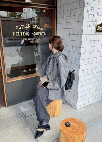 Korean Sle Woolen Coat Women's Chic Temperament Sweet Bow Tie Collar Hooded Warm Woolen Coat Long Sve Mid-Length