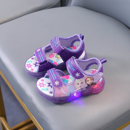 Disney Boys Girls Frozen Elsa Princess Led Light Up Luminous Sports Sandals Summer Kids Sandals Non-slip Toddler Shoes