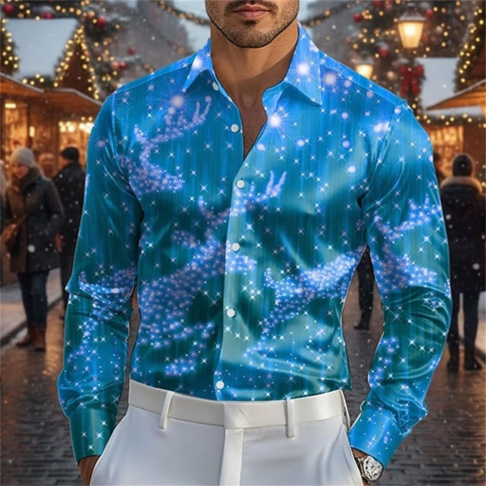 Fashionable 3D printed Christmas deer design style men's long sleeved shirt slim fit lapel button casual party plus men's shirt