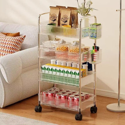 Prateleira de armazenamento móvel para banheiro para lanches, brinquedos e cosméticos multi-camadas, carrinho pequeno transparente