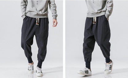 Cotton Linen Harem Pants Men Solid Elastic Waist Streetwear Joggers New Baggy Drop-crotch Pants Casual Trousers Men