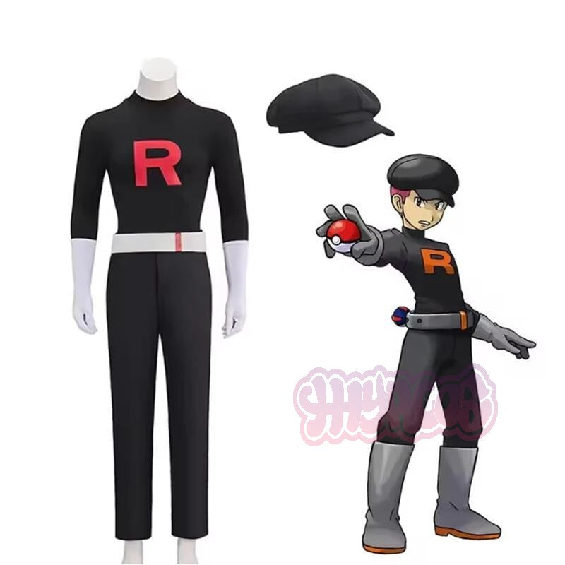 Anime Team Rocket Grunt Cosplay Costumes Anime Black Uniform Hat Halloween Cosplay Costume Full Set Women Men Carnival Party