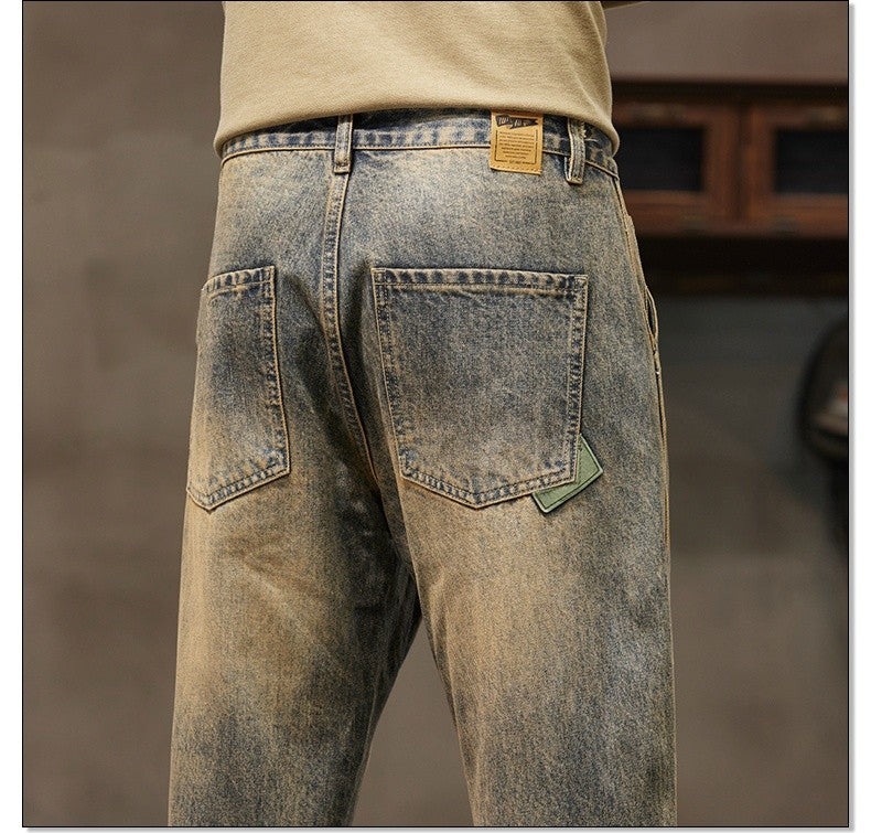 Autumn and Winter Men's Loose 95% Cotton Jeans Retro Yellow Mud  Street Hip-hop Baggy Harem Pants Outdoor Boys Workwear Pants