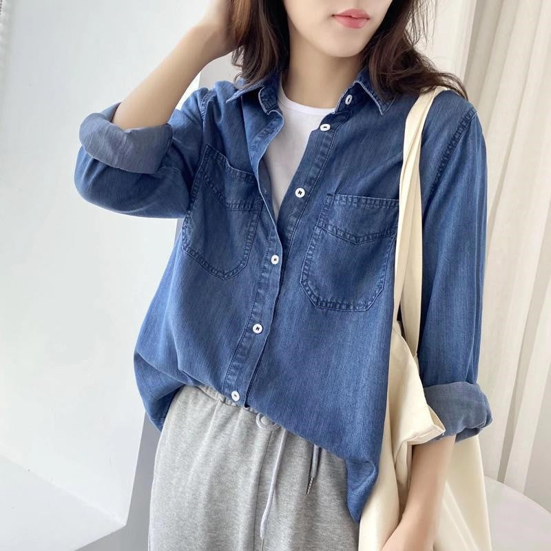 Autumn 2025 New Denim Shirts And Blouse For Women Korean Style Long Sleeve Top Blue Or Sky Blue Color Jeans Elegant Blouses