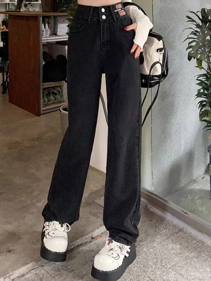 Female High Waist Wide Leg Jeans Women Y2k Denim Straight Leg Pants Girls Smoke Gray Retro Blue Light Blue Water Gray Trousers