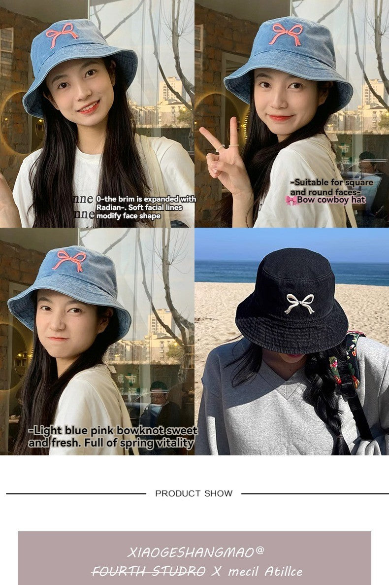 A Fisherman's Hat Three-Dimensional Embroidery Bow Travel Shopping Washed Denim Basin Hat