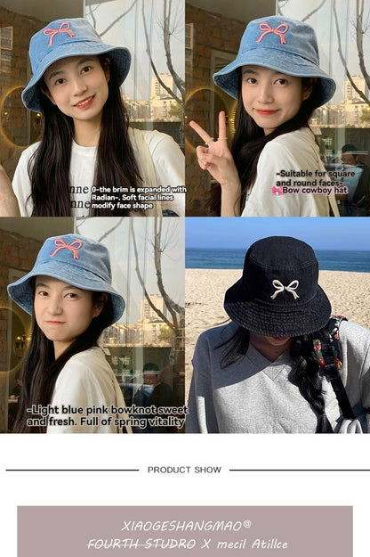 A Fisherman's Hat Three-Dimensional Embroidery Bow Travel Shopping Washed Denim Basin Hat