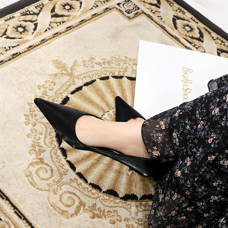 New Big Size Women's Boat Shoes Leather 4.5cm High Heels Pointed Toe Pumps Stilettos Basic Pump For Female White Black Wine Red