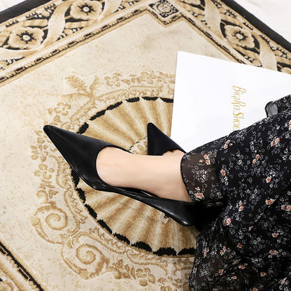 New Big Size Women's Boat Shoes Leather 4.5cm High Heels Pointed Toe Pumps Stilettos Basic Pump For Female White Black Wine Red