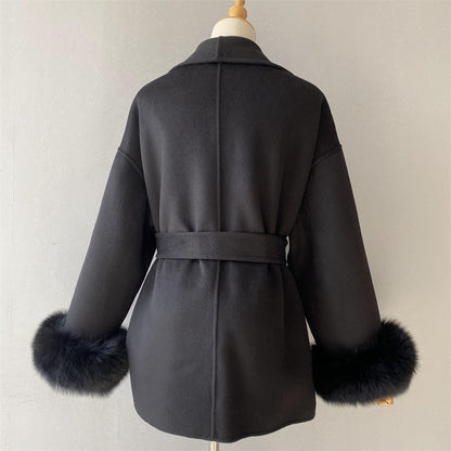 Jxwatcher Women's Wool Coat with Real Fox Fur Cuffs Ladies Elegance Belt Slim Outerwear Fall Winter High-End Wool Coats 2024 New