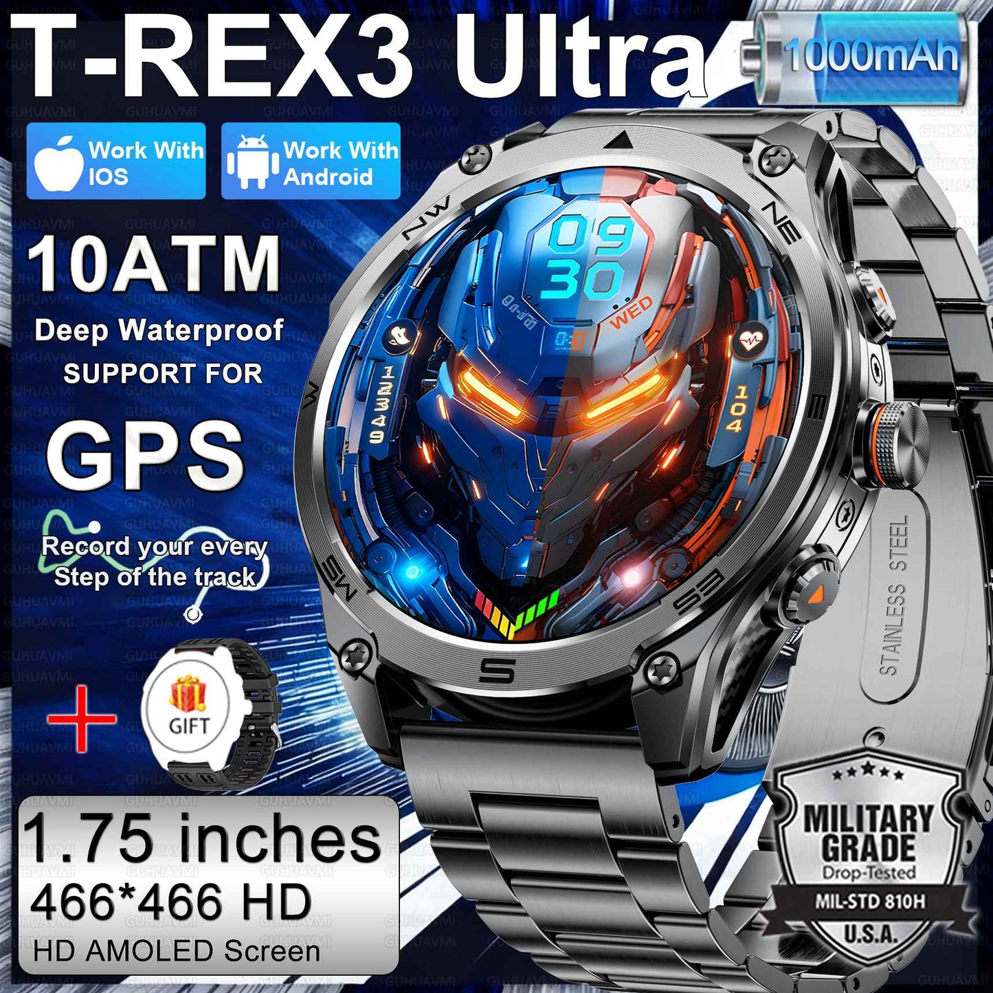 Novo Smartwatch Militar 2026 Bateria de 1000mAh Rastreamento GPS Bússola 10ATM À Prova D'água Tática Esportivo Lanterna Chamada HD Smartwatch Masculino
