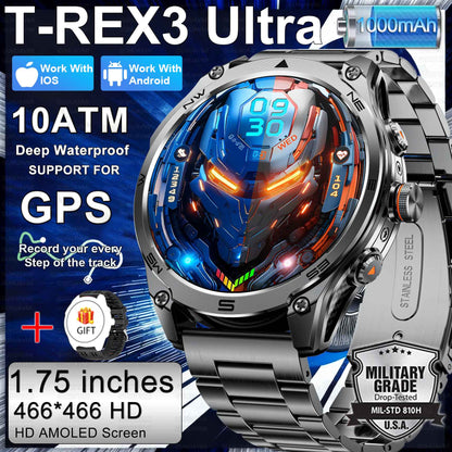 Novo Smartwatch Militar 2026 Bateria de 1000mAh Rastreamento GPS Bússola 10ATM À Prova D'água Tática Esportivo Lanterna Chamada HD Smartwatch Masculino