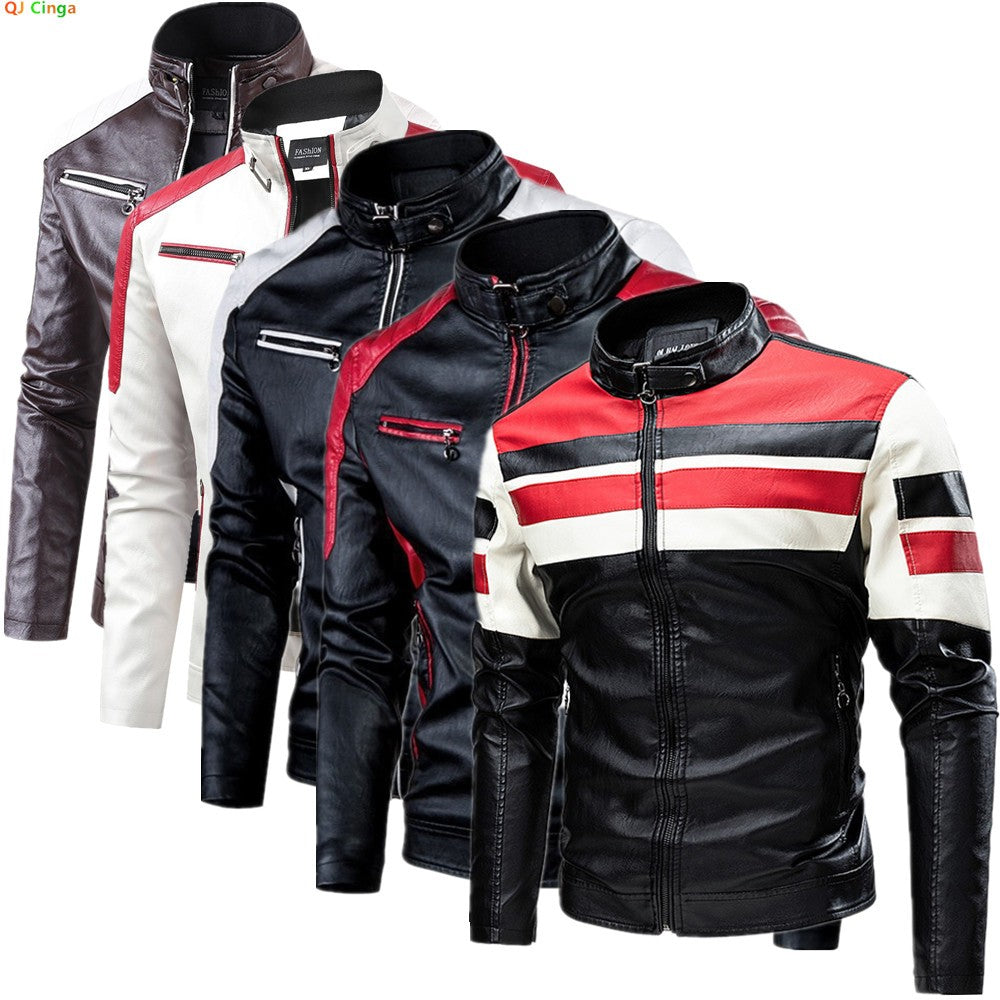 Autumn Men's Stand Collar Color-Block PU Jacket, Black Faux Leather Jackets, Spring Casual Coat. Asian Size Loose Fit Top.