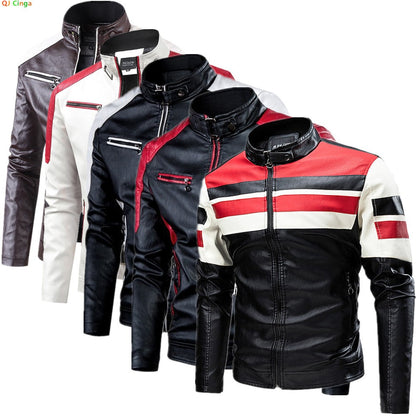 Autumn Men's Stand Collar Color-Block PU Jacket, Black Faux Leather Jackets, Spring Casual Coat. Asian Size Loose Fit Top.