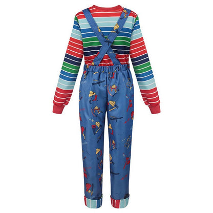 Adult Chucky Cosplay Costume with Striped Shirt and Jumpsuit for Chucky Overalls Halloween Costumes