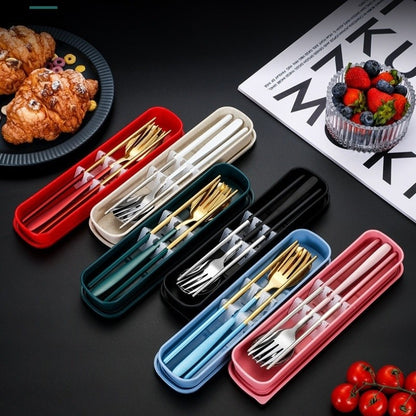 Conjunto Portátil de Utensílios de Aço Inoxidável - Colher, Garfo e Hashis de 3 Peças para Viagem, Acampamento, Almoço Escolar, Kit de Jantar Estilo Coreano