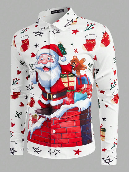 Christmas Festival Theme Men's 3D Prints Red Formal Shirts Christmas Santa Claus Graphic Long Sleeved Shirt Fashion Men's Shirts