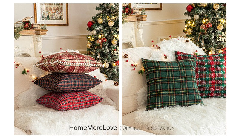 Home Christmas Decor Plaid Cushion Covers Red Checkered Polyester Cotton Xmas Ornament Snowflake Throw Pillowcase Decorative