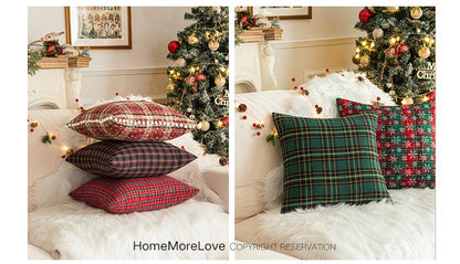 Home Christmas Decor Plaid Cushion Covers Red Checkered Polyester Cotton Xmas Ornament Snowflake Throw Pillowcase Decorative