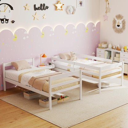 Bunk Bed Twin Over Twin, Solid Wood Detachable Bed Frame with High Guardrails & Integrated Ladder, Wooden Slatted B