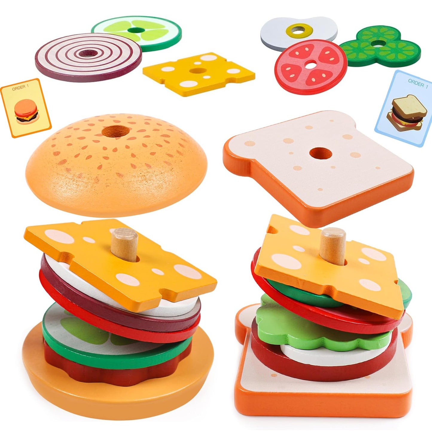 Wooden Burger Sandwich Stacking Toys For Toddler Kids Preschool Learning Educational Toys Pretend Play Food Kitchen Toys Gifts
