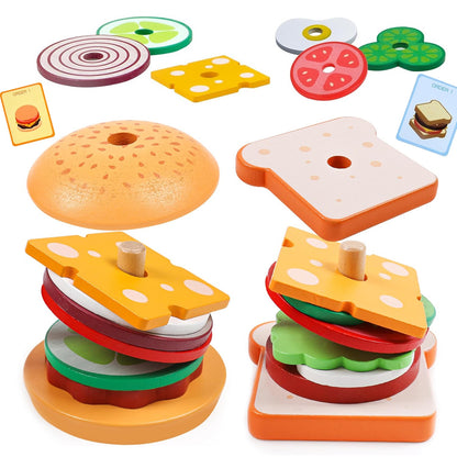 Wooden Burger Sandwich Stacking Toys For Toddler Kids Preschool Learning Educational Toys Pretend Play Food Kitchen Toys Gifts