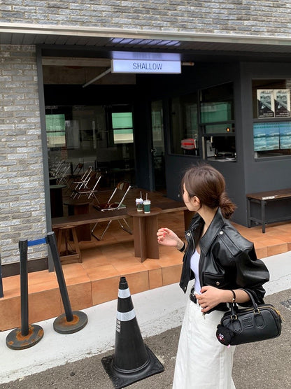 Women's Loose ort PU Leather Jaet Double ket Retro Collar Zipper Versatile Motorcycle Sle Top Trendy Commute Wind