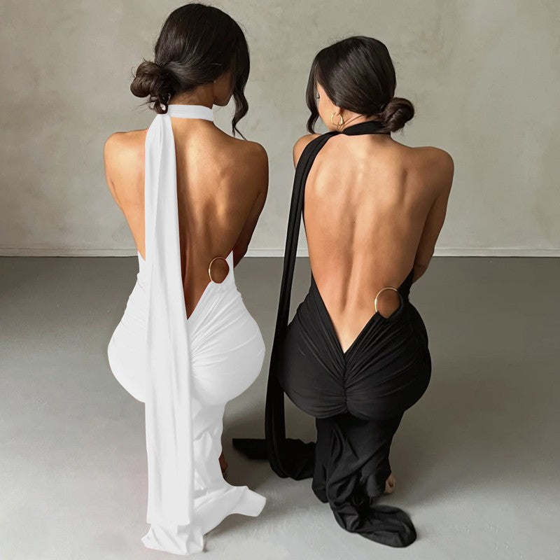 Hugcitar One Shoulder Backless Adjustable Scarf Loop Ruched Sexy Maxi Dress Wome