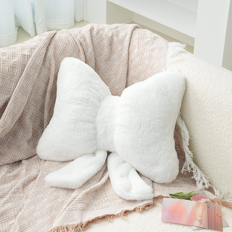 Pink bow ribbon couch pillow imitation rabbit fur comfortable car seat cushion ins style simple all-match back cushion