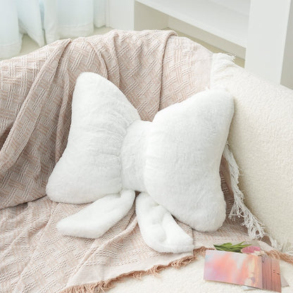 Pink bow ribbon couch pillow imitation rabbit fur comfortable car seat cushion ins style simple all-match back cushion
