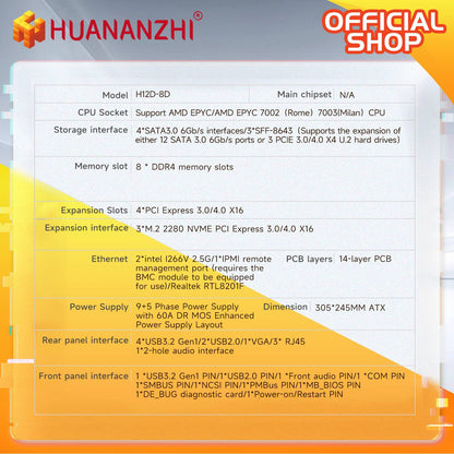 HUANANZHI H12D 8D AMD  Motherboard with BMC module support AMD EPYC 7002 7003 series CPU 8 channel memory Dual 2.5G network