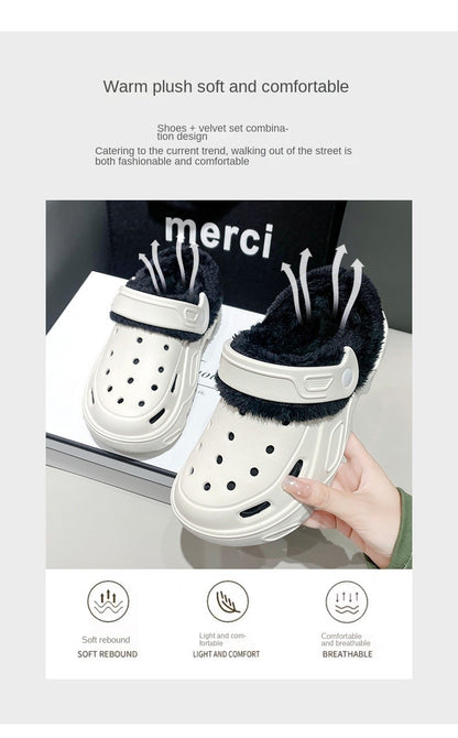 Plush slippers 2025 new winter men's and women's thick high heels soft-soled beach garden shoes home plush ripped slippers
