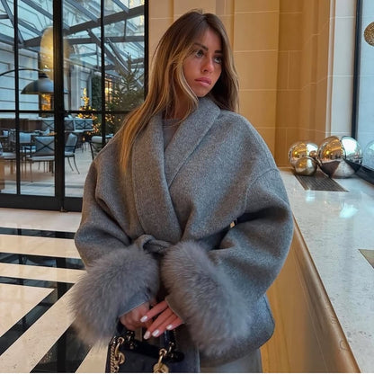 Casual Fur Patchwork Lace Up Woolen Coat Women Elegant V-neck Full Sleeve Loose Outerwear Lady Autumn Daily Commute Street Coats