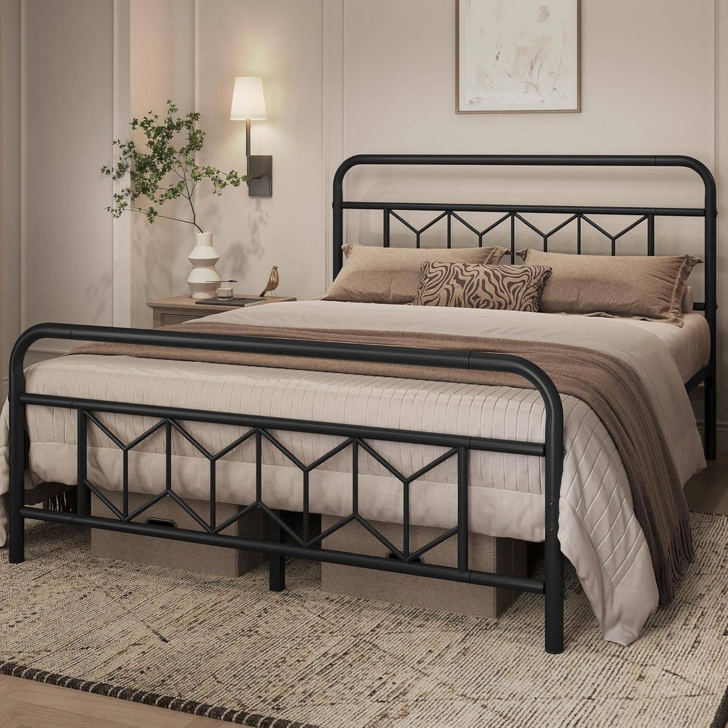 Queen Bed Frames Metal Platform Bed with Vintage Style Headboard/Mattress Foundation/No Box Spring Needed/Under Bed Stor