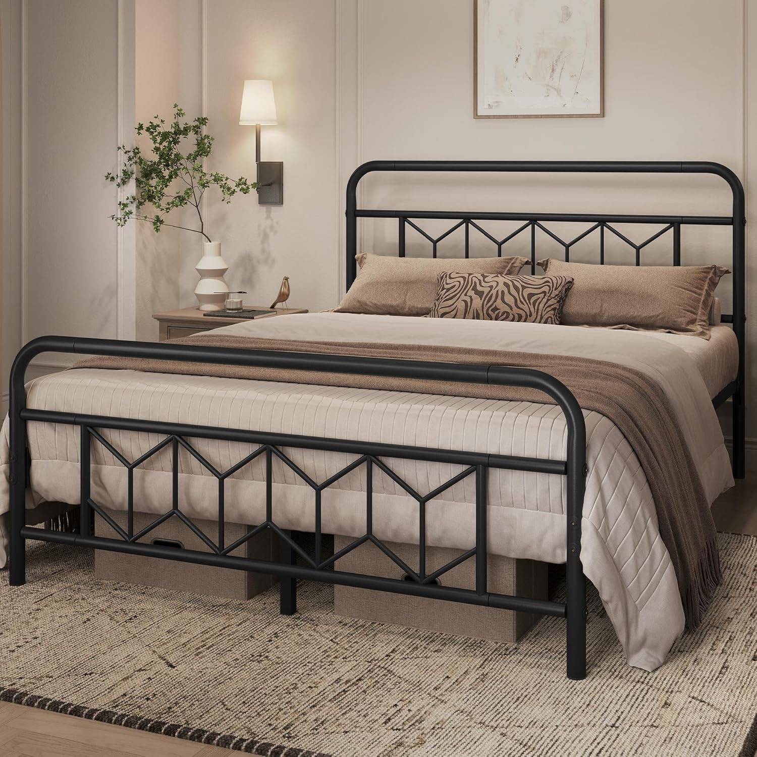 Queen Bed Frames Metal Platform Bed with Vintage Style Headboard/Mattress Foundation/No Box Spring Needed/Under Bed Stor