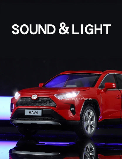 Miniaturas de carros Highlander RAV4 em liga fundida escala 1:24, com som, luz, portas que abrem, função de fricção e absorção de choque – Presente para meninos