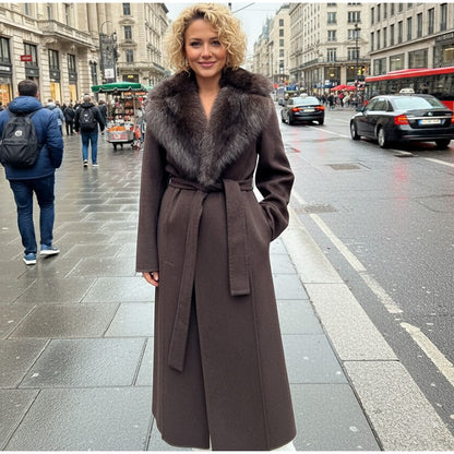 Solid Fur Collar Woolen Maxi Coat Women Fashion Lapel Full Sleeve Lace Up Pocket Loose Long Jacket Lady Autumn Daily Street Wear