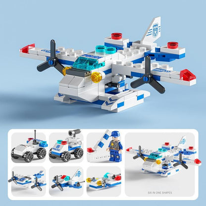 6 in 1 Mega City Building Set - Police Car, Fire Truck, Crane, Tank, Helicopter & More, Construction Engineering Toys Gift
