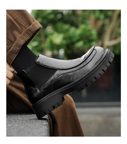 New designer black fashionable men's leather shoes for autumn and winter, retro ankle boots, round-toe business Chelsea boots