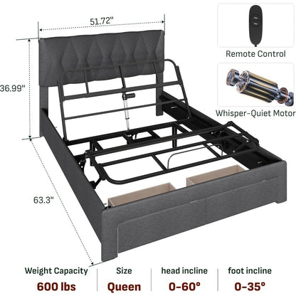 Softa Queen All-in-One Adjustable Bed Frame with 12" Gel Memory Foam Hybrid Mattress, Electric Bed with Upholstered Headboard &