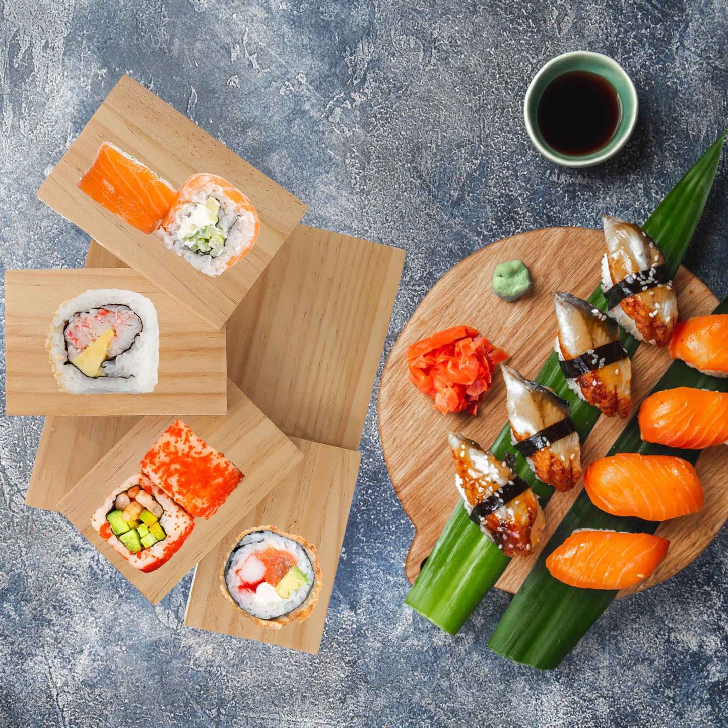 Steps Stairs Japanese Cuisine Sushi Boats Tray Seafood Tool Wooden Wood Restaurant Handmade Ship Sashimi Assorted Cold Dish