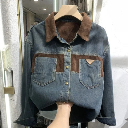Women's Denim Blouse 2025 Autumn Winter Mid Length Version Add Velvet Ladies Tops Long Sleeve Versatile Lady Cowboy Shirt