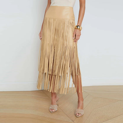 Tassel Leather Midi Skirt Women Solid High Street High-waist A-line Bodycon Long Skirts Spring Summer 2026 Chic All-match Outfit