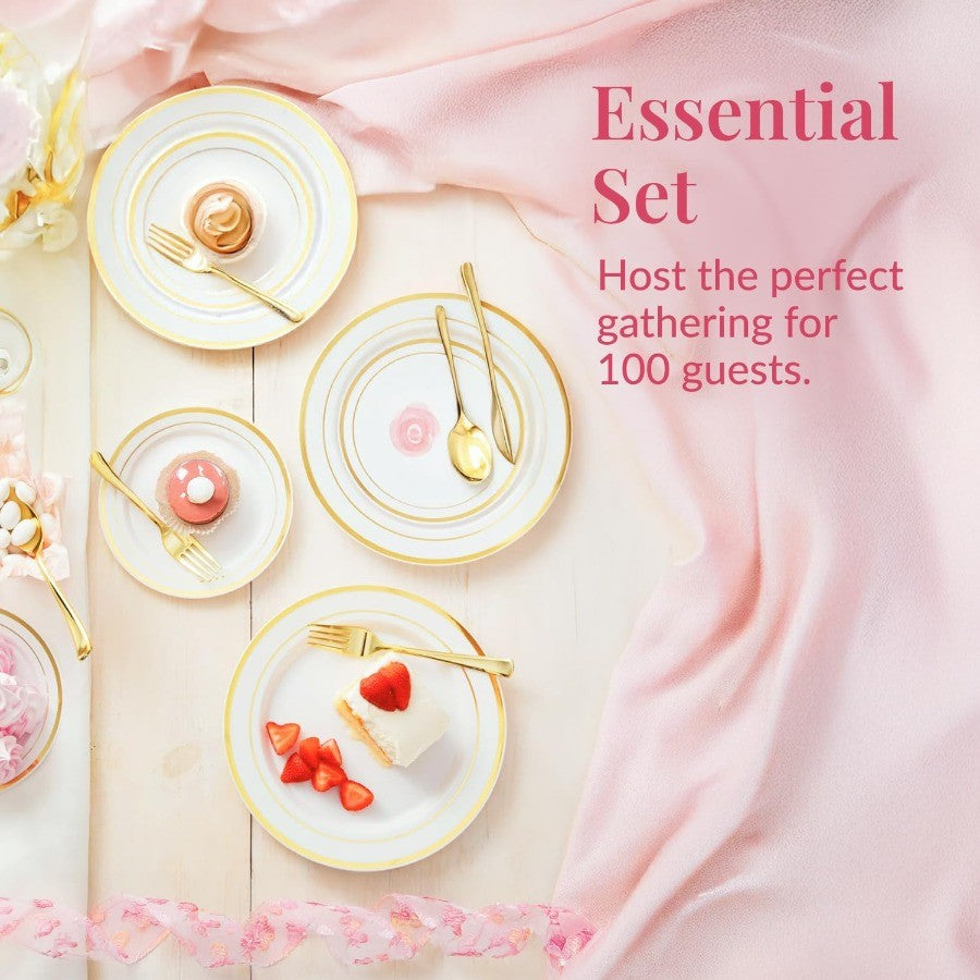 Conjunto de Louça Descartável para Festa Prestee com 600 Peças para 100 Convidados, Talheres Dourados Descartáveis com Pratos, Copos, Facas, Garfos e Colheres